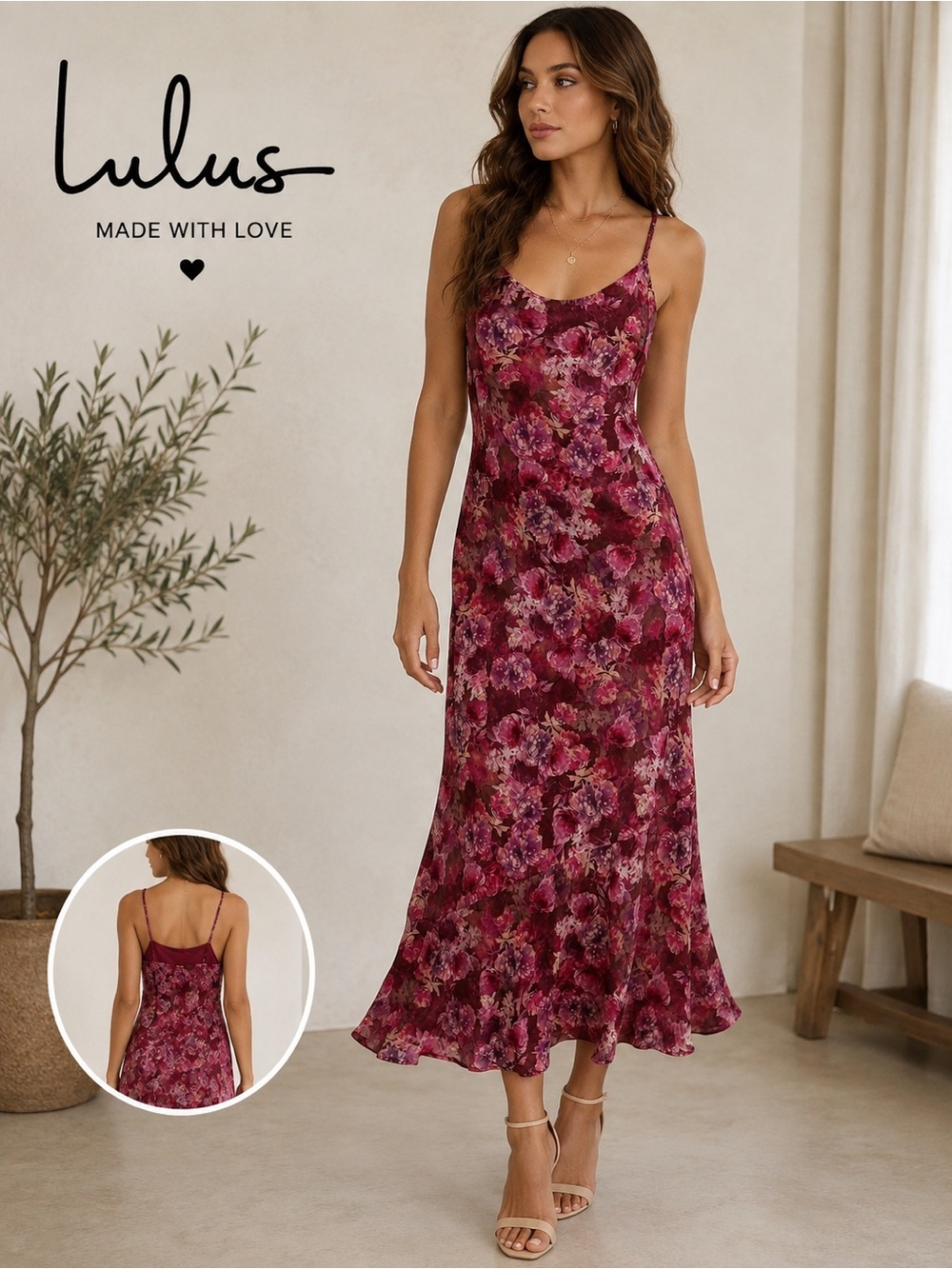 Lulu's Burgundy Floral Slip Maxi Dress